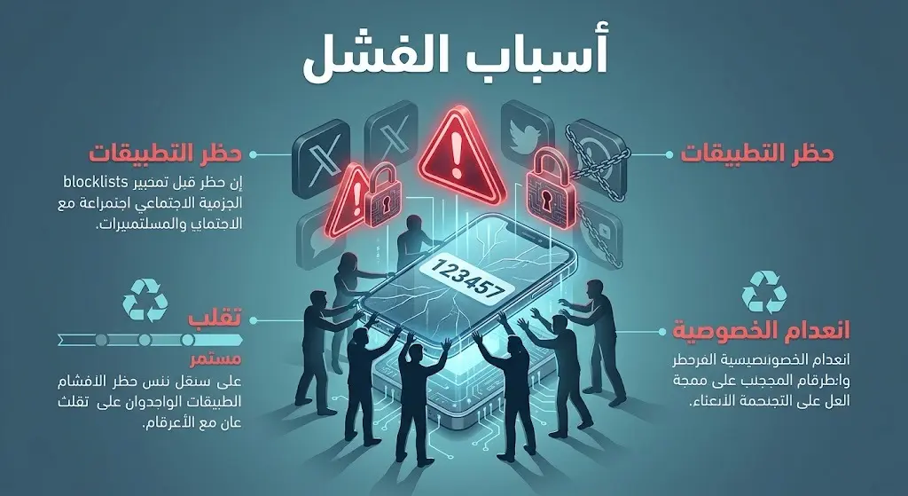 تصميم إنفوجرافيك يوضح أسباب فشل الأرقام الوهمية المجانية مثل الحظر التقني وانعدام الخصوصية.