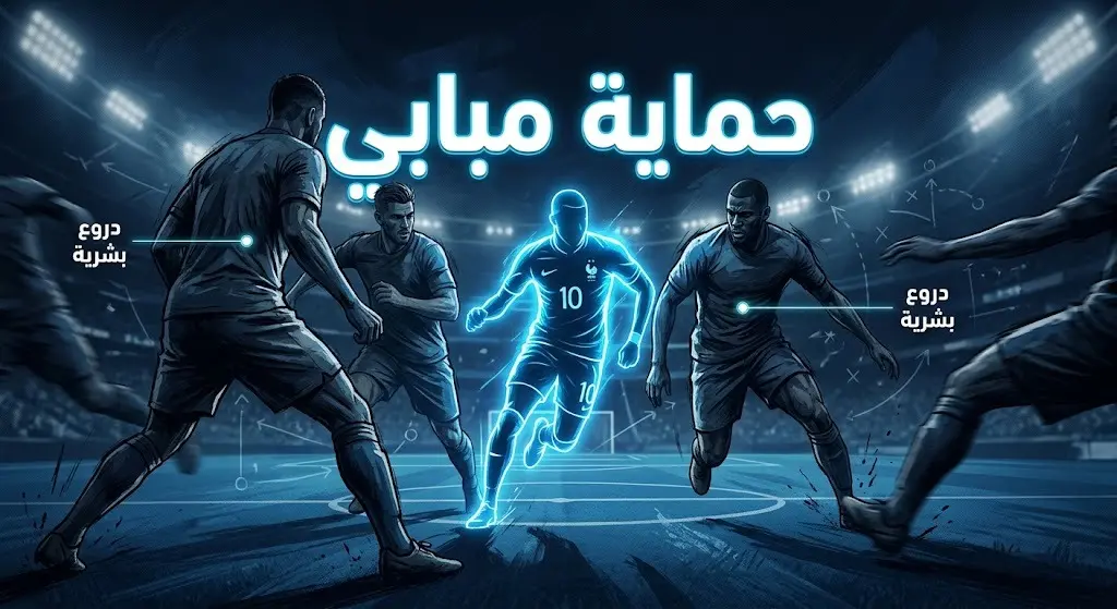 رسم تعبيري يوضح تكتيك ديشامب باستخدام لاعبين كدروع بشرية لحماية مبابي من التدخلات العنيفة