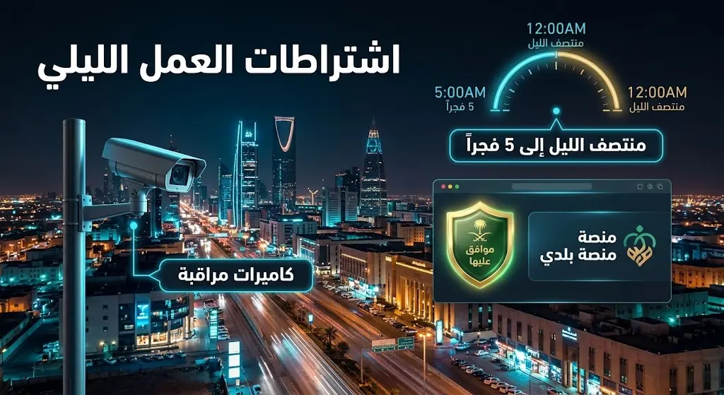 رسم توضيحي يستعرض أبرز شروط تصاريح العمل الليلي كالموافقات الأمنية، الارتباط بمنصة بلدي، تركيب كاميرات المراقبة، وتحديد أوقات العمل.