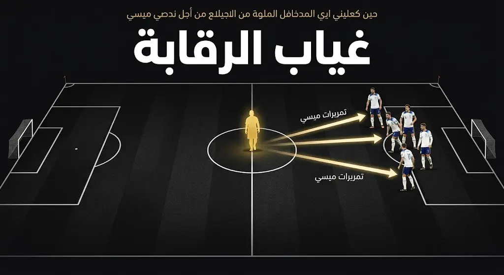 رسم تحليلي رياضي يوضح المساحات الشاسعة حول ميسي وغياب الضغط الدفاعي الإنجليزي عنه مما سهل صناعته للأهداف