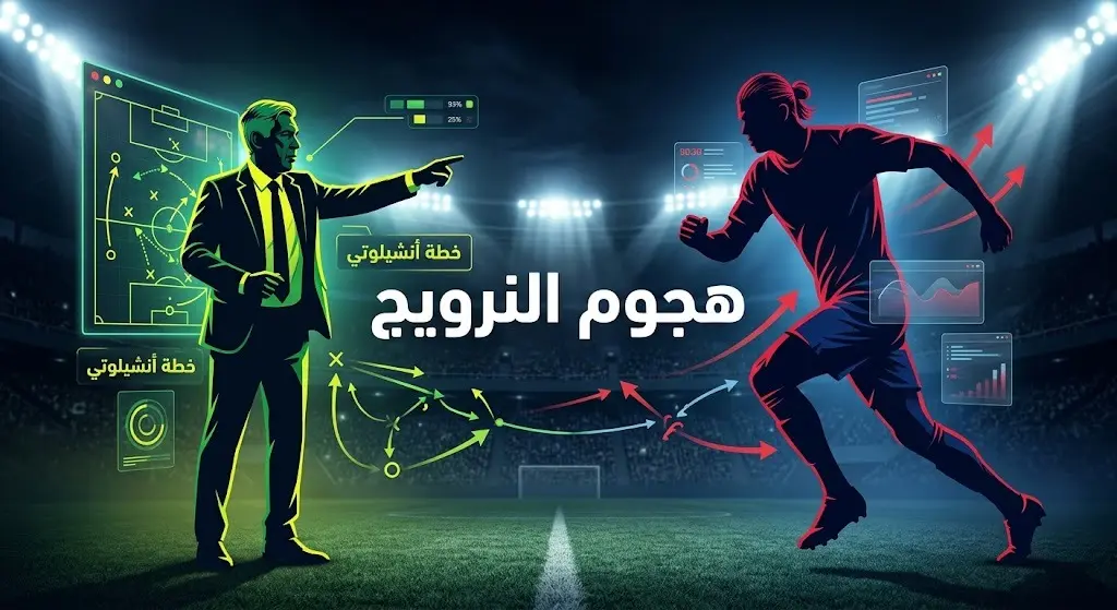تصميم تكتيكي يبرز المواجهة المرتقبة بين خطط أنشيلوتي الدفاعية والقوة الهجومية للمنتخب النرويجي.