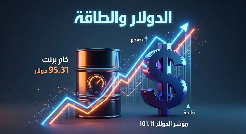 تصميم بصري يدمج بين مؤشر الدولار المتصاعد وبراميل النفط مع أرقام توضح بلوغ خام برنت 95.31 دولاراً
