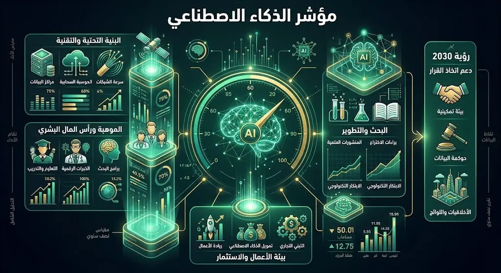 تصميم بياني متطور يبرز مؤشر الذكاء الاصطناعي ودوره في قياس جاهزية الجهات لدعم صناعة القرار وتحقيق مستهدفات رؤية 2030.