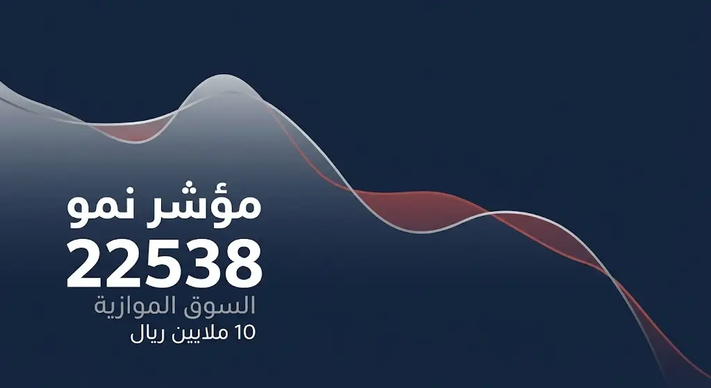تصميم مرئي يعرض تفاصيل إغلاق مؤشر السوق الموازية نمو وتداولات الجلسة.