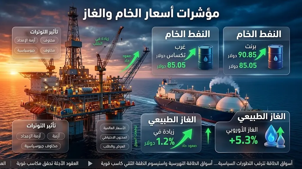 إنفوجرافيك يوضح القفزة في أسعار الطاقة، حيث سجل خام برنت 90.85 دولاراً وخام غرب تكساس 85.05 دولاراً، مع ارتفاع الغاز الأوروبي بنسبة 5.3%.