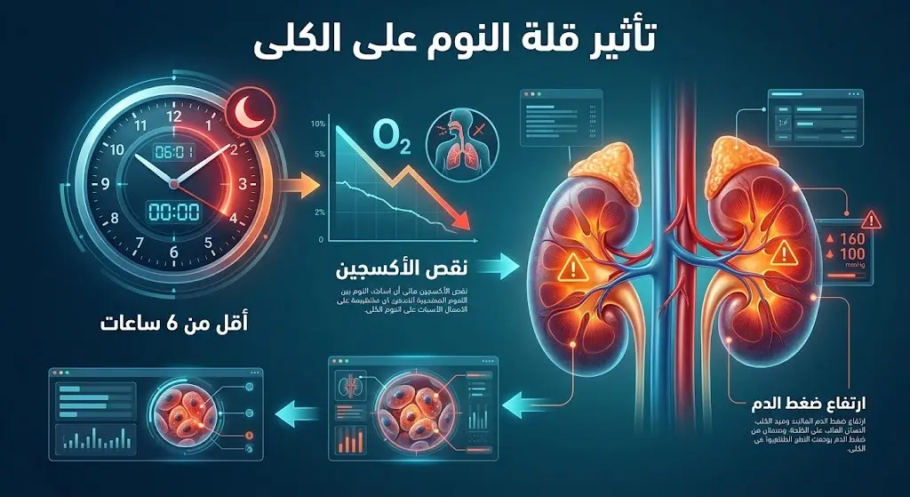 إنفوجرافيك طبي يوضح العلاقة بين انقطاع النفس النومي وتراجع مستويات الأكسجين مع إجهاد الكلى وارتفاع ضغط الدم