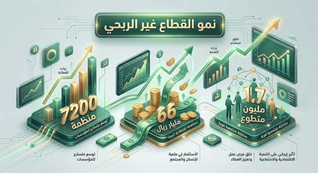 إنفوجرافيك بياني يعرض مؤشرات نمو القطاع غير الربحي في السعودية، يتضمن أرقاماً مثل 7200 منظمة و66 مليار ريال و1.7 مليون متطوع، بتصميم عصري وألوان احترافية.