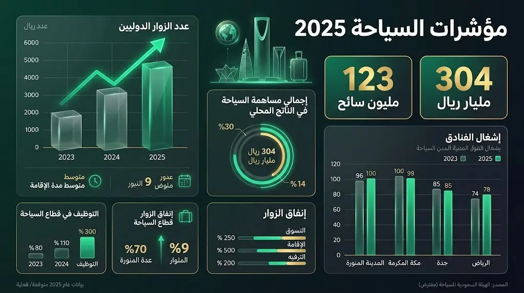 تصميم بياني احترافي يستعرض الأرقام القياسية لقطاع السياحة السعودي في 2025، مبرزاً أعداد السياح وحجم الإنفاق الإجمالي.