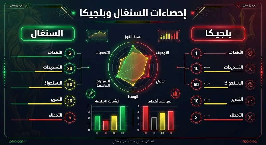 إنفوجرافيك يوضح مقارنة إحصائية لأداء منتخبي السنغال وبلجيكا قبل مواجهتهما في دور الـ 32 من كأس العالم 2026.