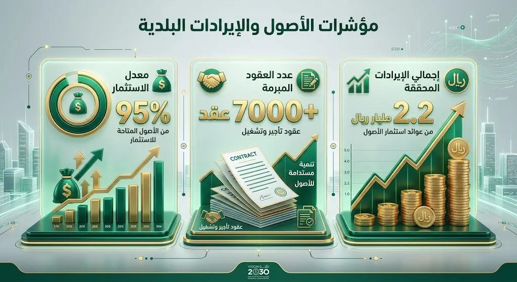 تصميم بياني يستعرض مؤشرات الأصول لأمانة المنطقة الشرقية، مبرزاً نسبة استثمار 95% وعوائد تتجاوز 2.2 مليار ريال.