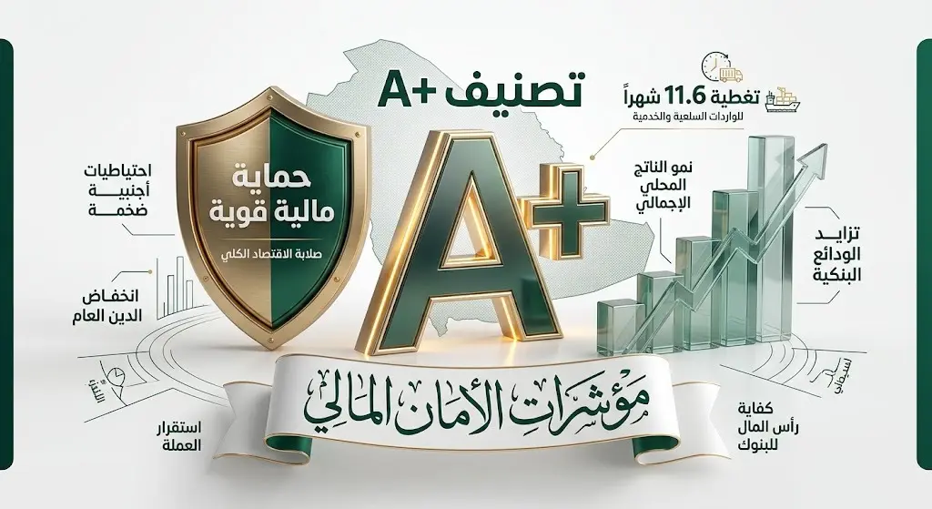 إنفوجرافيك مالي متطور يستعرض مؤشرات الأمان المالي للسعودية، مبرزاً تصنيف +A وتغطية الاحتياطيات الأجنبية بأسلوب بصري جذاب.