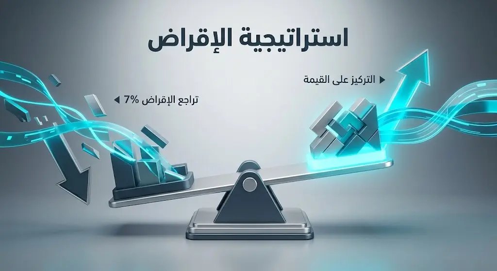 تصميم بياني يبرز التحول الاستراتيجي للبنوك السعودية نحو التركيز على جودة الائتمان والربحية تزامناً مع تراجع وتيرة الإقراض إلى 7 بالمئة.