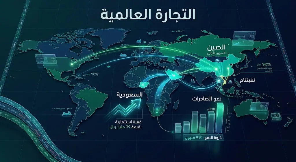 تصميم بياني حديث يعرض مسارات التجارة العالمية لصادرات فيتنام نحو الصين والشرق الأوسط مع إبراز نمو الاستثمارات في السعودية.