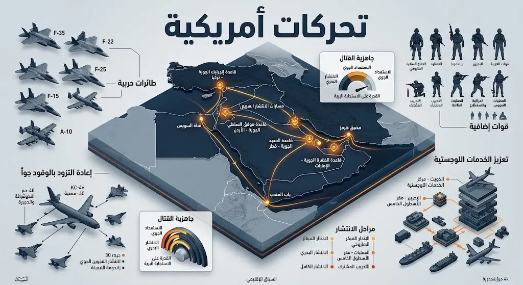 إنفوجرافيك يوضح خريطة التحركات العسكرية الأمريكية في الشرق الأوسط تشمل نشر قوات إضافية وطائرات حربية.