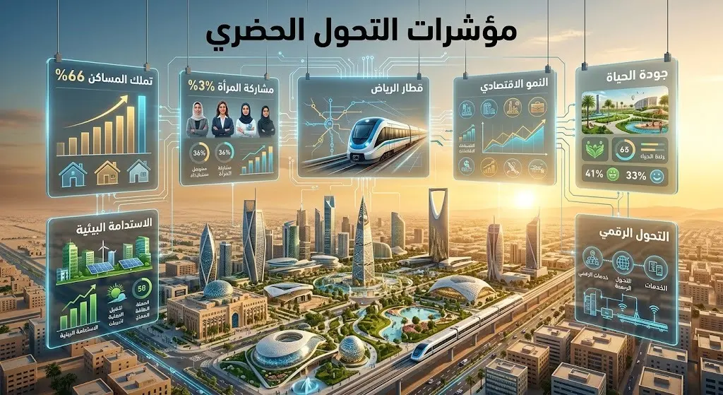 إنفوجرافيك عصري يدمج بين مشهد لمدينة سعودية حديثة ولوحات بيانات شفافة تعرض مؤشرات التحول الحضري والاجتماعي بنسب مئوية وأرقام.