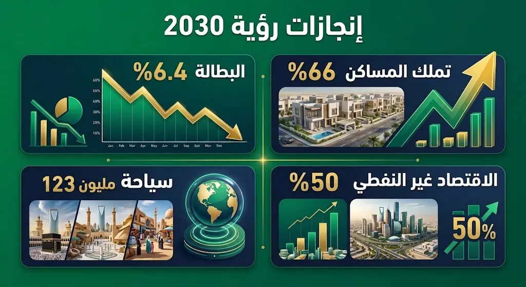 إنفوجرافيك يستعرض أبرز مؤشرات تقدم رؤية السعودية 2030، متضمناً نسب انخفاض البطالة وارتفاع تملك المساكن ونمو أعداد السياح.