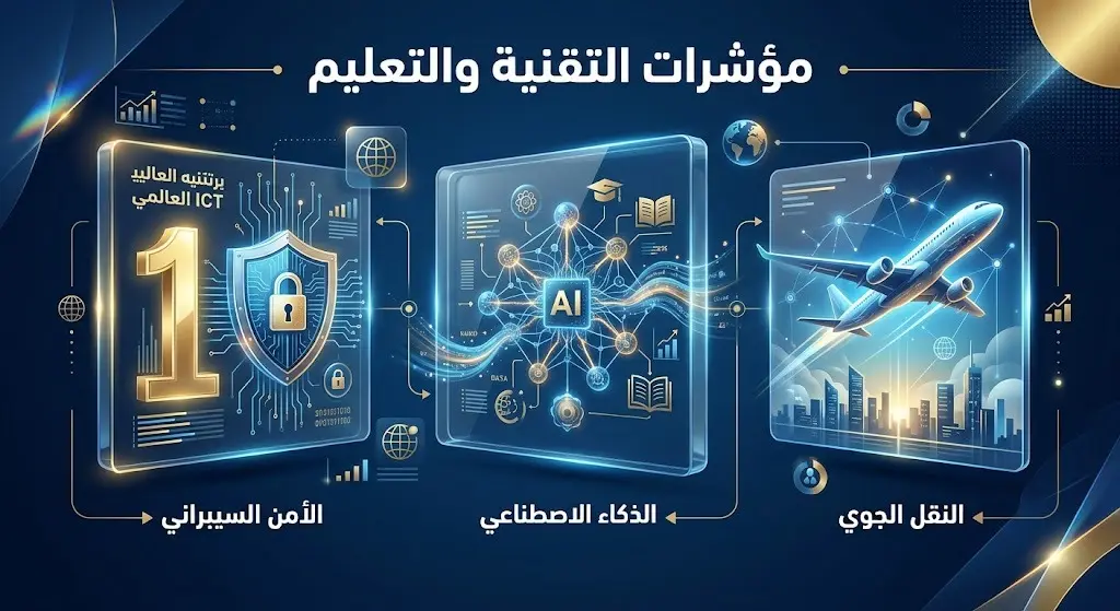تصميم إنفوجرافيك حديث يستعرض تصدر المملكة للمؤشرات العالمية في التقنية، مع رموز تعبيرية للذكاء الاصطناعي، الأمن السيبراني، وتطوير الطيران المدني.