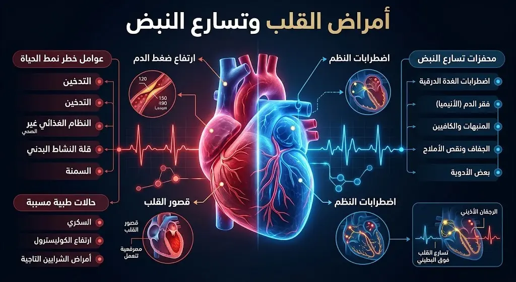 إنفوجرافيك طبي يوضح مؤشرات الخطر وأمراض القلب المرتبطة بتسارع النبض مثل ارتفاع ضغط الدم وقصور القلب