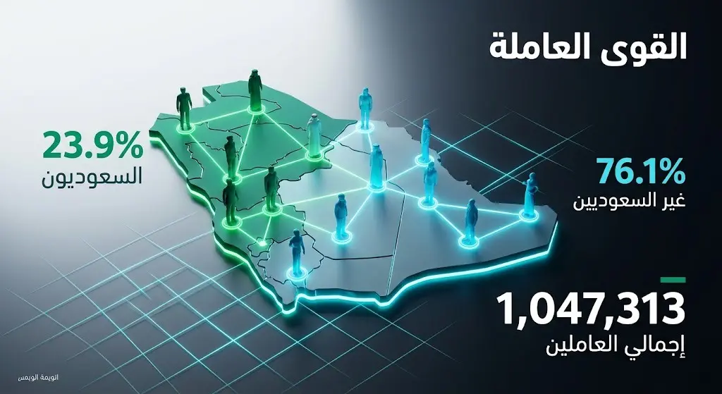 تصميم بياني حديث يعرض إحصائيات القوى العاملة في القطاع السياحي ونسب التوطين مقارنة بالعمالة الوافدة.