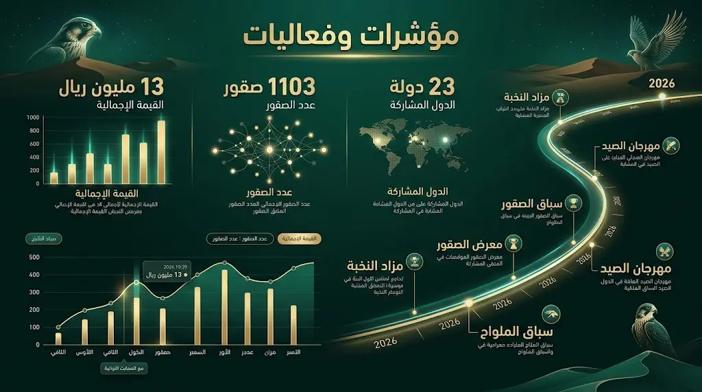 إنفوجرافيك بياني يستعرض أرقام مبيعات الصقور لعام 2025 والجدول الزمني لفعاليات المركز الوطني للصقور عام 2026