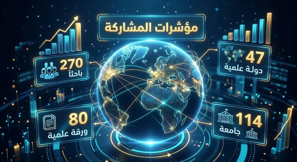 رسم بياني ثلاثي الأبعاد يعرض إحصائيات المشاركة العالمية في النسخ السابقة للمسابقة، بما في ذلك أعداد الباحثين والأوراق العلمية والدول المشاركة.