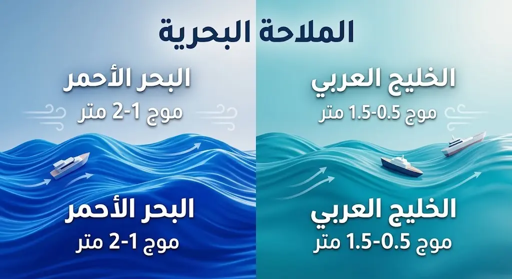 تصميم إنفوجرافيك يقارن بين حالة البحر الأحمر والخليج العربي من حيث سرعة الرياح وارتفاع الموج.