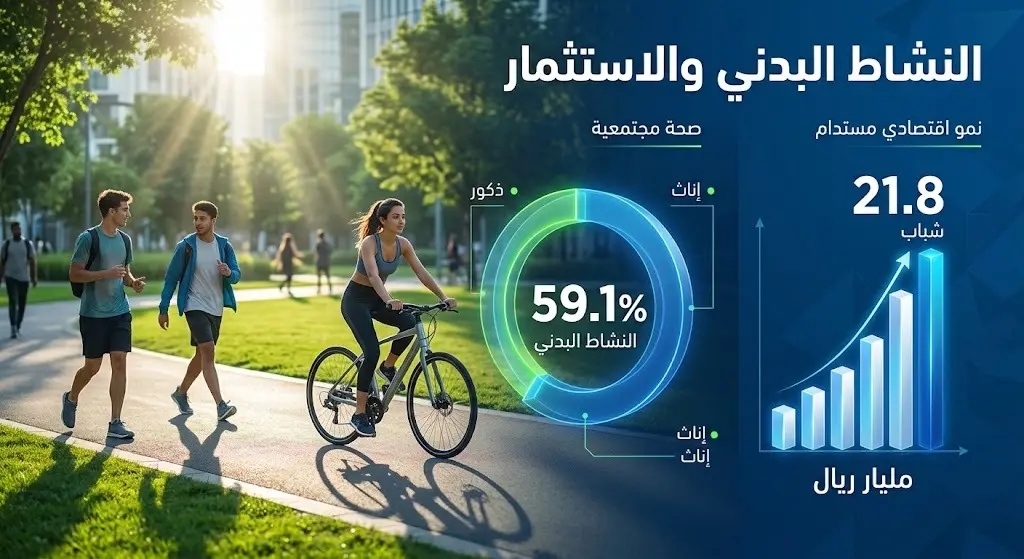 إنفوجرافيك إبداعي يدمج المشاهد الرياضية الحيوية مع رسوم بيانية توضح نسب ممارسة النشاط البدني وحجم الاستثمارات غير الحكومية