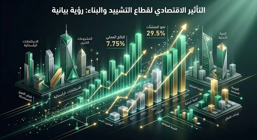 لوحة بيانات إنفوجرافيك تعرض مؤشرات نمو قطاع المقاولات وارتفاع مساهمته في الناتج المحلي الإجمالي