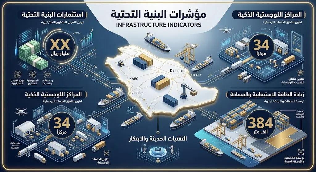 إنفوجرافيك يستعرض مؤشرات حجم البنية التحتية للموانئ السعودية، موضحاً أعداد المراكز اللوجستية وتوزيع المساحات وحجم الاستثمارات.