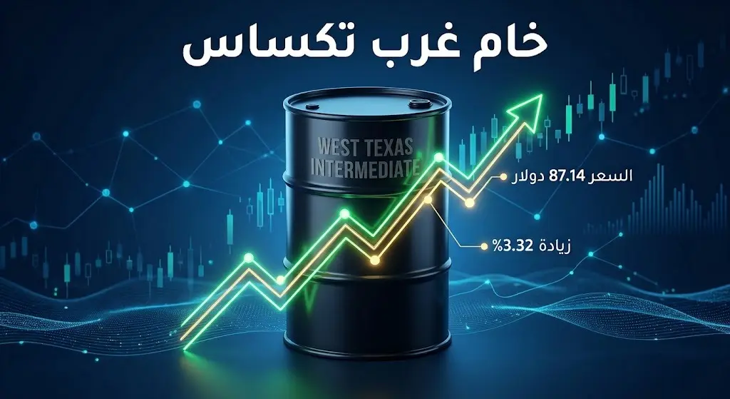 إنفوجرافيك مالي يوضح ارتفاع مؤشرات خام غرب تكساس الوسيط إلى 87.14 دولاراً للبرميل بنسبة زيادة 3.32٪