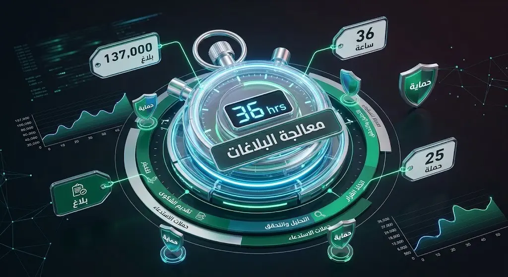تصميم بياني يوضح مؤشرات معالجة البلاغات التجارية وحملات استدعاء المنتجات والمركبات المعيبة.