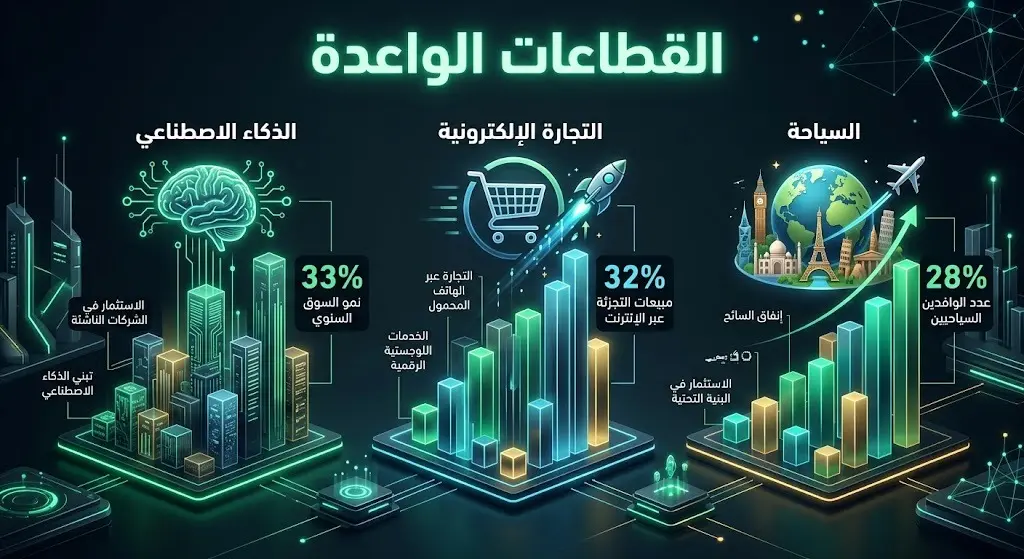 إنفوجرافيك حديث يستعرض نسب نمو السجلات التجارية للقطاعات الواعدة كالذكاء الاصطناعي والتجارة الإلكترونية.