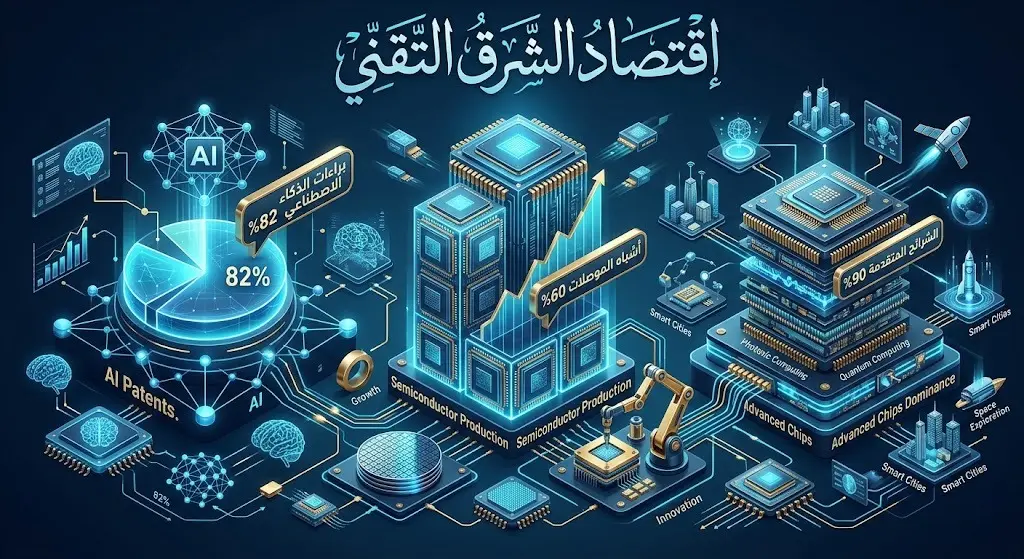 إنفوجرافيك رقمي متطور يعكس هيمنة اقتصاد الشرق في قطاع التقنية، موضحاً نسب الاستحواذ على براءات اختراع الذكاء الاصطناعي وصناعة الشرائح وأشباه الموصلات عبر رسوم بيانية مضيئة.
