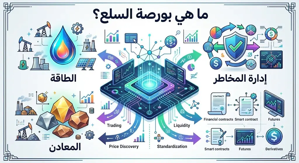 تصميم بياني تعليمي يشرح مفهوم بورصة السلع، مع إبراز العناصر الأساسية مثل تداول المعادن والطاقة والعقود المالية لإدارة المخاطر.