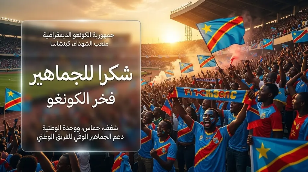 تصميم بصري يظهر احتفال ودعم الجماهير الكونغولية في مدرجات كأس العالم مع رسالة شكر من اللاعب فيستون ماييلي