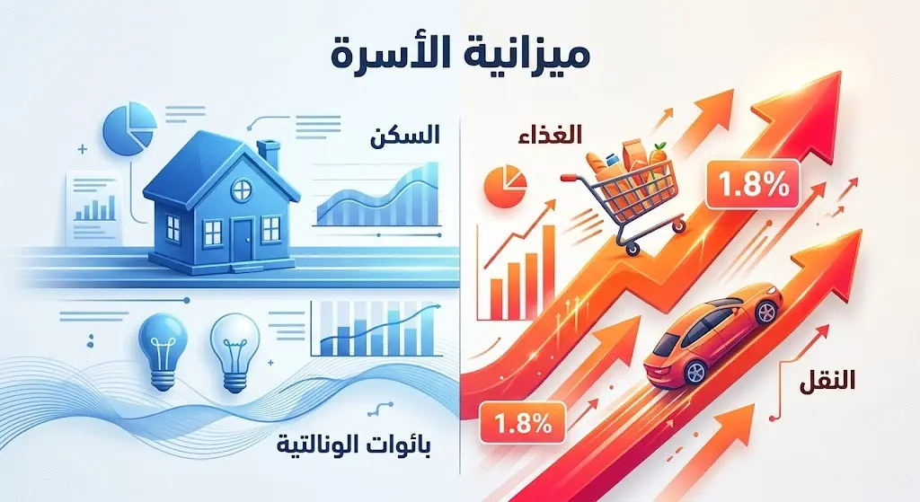 تصميم يوضح تأثير التضخم على ميزانية الأسرة عبر مقارنة بصرية بين استقرار أسعار السكن وارتفاع تكاليف الغذاء والنقل.