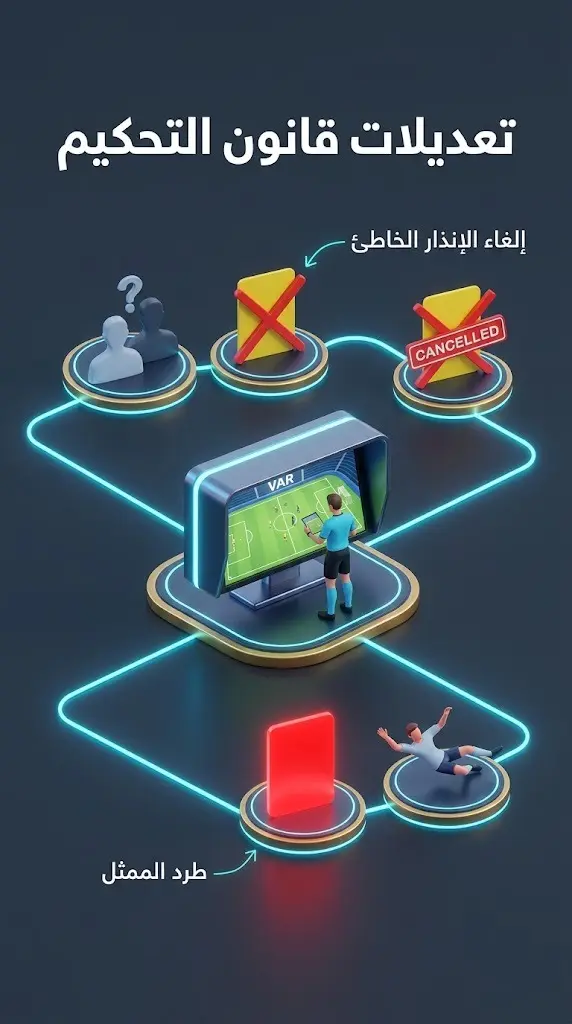 إنفوجرافيك عصري يوضح تفاصيل التعديل القانوني الجديد لـ IFAB المتعلق بمراجعة البطاقات وادعاء السقوط