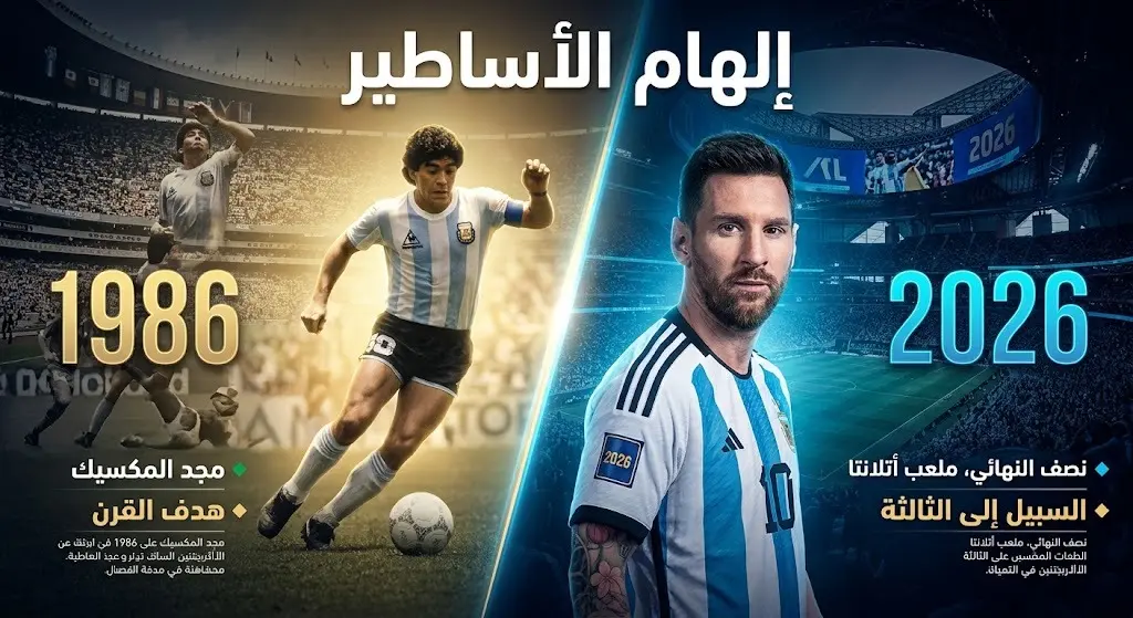 تصميم فني يدمج طيف الأسطورة مارادونا بقميص 1986 مع لاعبي الجيل الحالي لمنتخب الأرجنتين المفعمين بالحماس