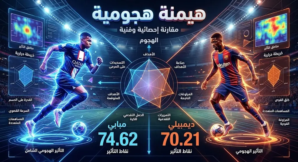 تصميم بياني يقارن بين التأثير الهجومي وهيمنة الثنائي مبابي وديمبيلي
