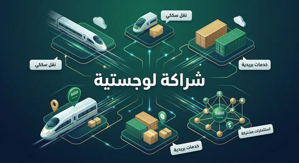 تصميم إنفوجرافيك احترافي يبرز مجالات الشراكة الاقتصادية واللوجستية بين السعودية وإندونيسيا، متضمناً قطاعات النقل السككي والبحري.
