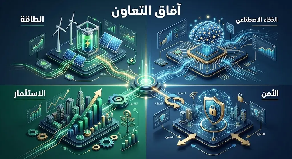 إنفوجرافيك احترافي يستعرض أبرز ملفات التعاون السعودي الكندي، وتشمل الطاقة، الاستثمار، الذكاء الاصطناعي، والأمن الإقليمي.