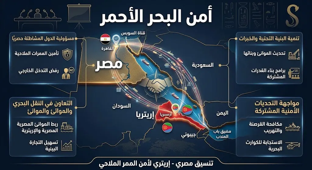 إنفوجرافيك يوضح خريطة البحر الأحمر والتنسيق الأمني والملاحي المباشر بين مصر وإريتريا.