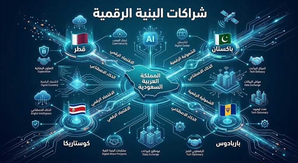 إنفوجرافيك يوضح الشراكات الرقمية ومجالات التعاون بين المملكة وقطر وباكستان وكوستاريكا وباربادوس في الذكاء الاصطناعي والاقتصاد الرقمي.