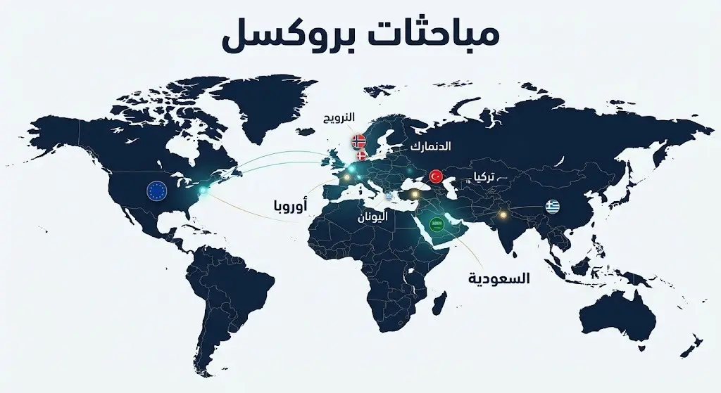 إنفوجرافيك إخباري يوضح شبكة المباحثات الدبلوماسية السعودية في بروكسل مع مسؤولي الاتحاد الأوروبي وعدة دول أوروبية، مزود بأسماء الدول بخط عربي واضح.