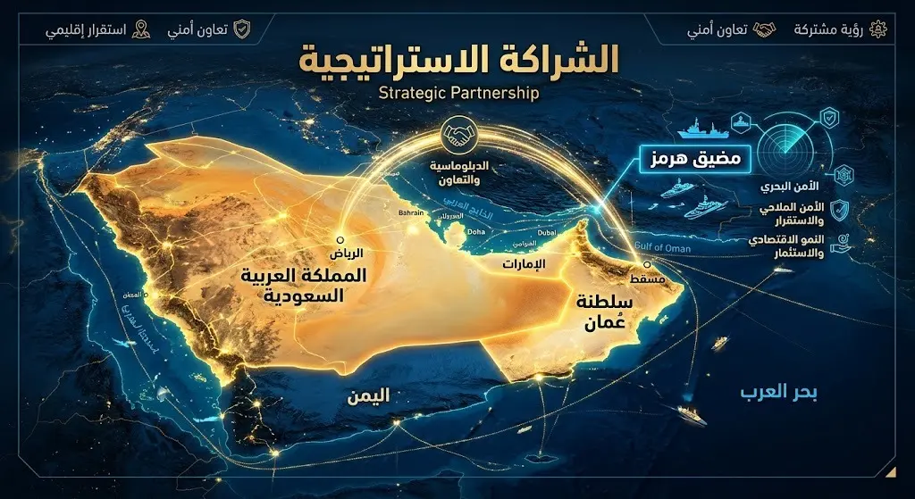 تصميم بصري وخريطة تفاعلية تبرز الشراكة الاستراتيجية بين السعودية وعُمان لحماية الملاحة في مضيق هرمز.