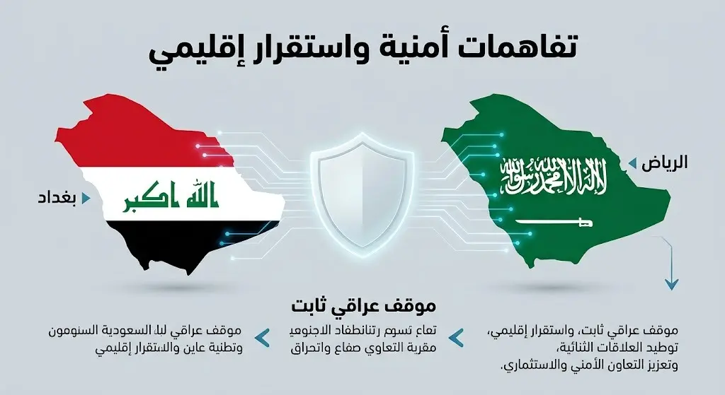 تصميم غرافيكي إخباري يرمز للتعاون الأمني والاستخباري بين السعودية والعراق، يتوسطه درع يعبر عن استقرار المنطقة وحماية أمن الخليج.