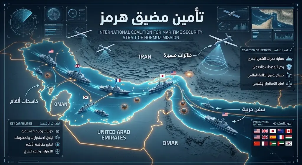 إنفوجرافيك وتصميم بصري متطور يوضح خريطة مضيق هرمز والأصول العسكرية المستخدمة في تأمين الملاحة مثل السفن الحربية والطائرات المسيرة
