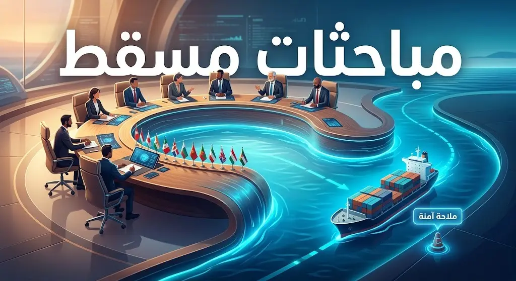 تصميم تعبيري يدمج طاولة مباحثات دبلوماسية مع ممر بحري تعبيراً عن الجهود السياسية لتأمين الملاحة.
