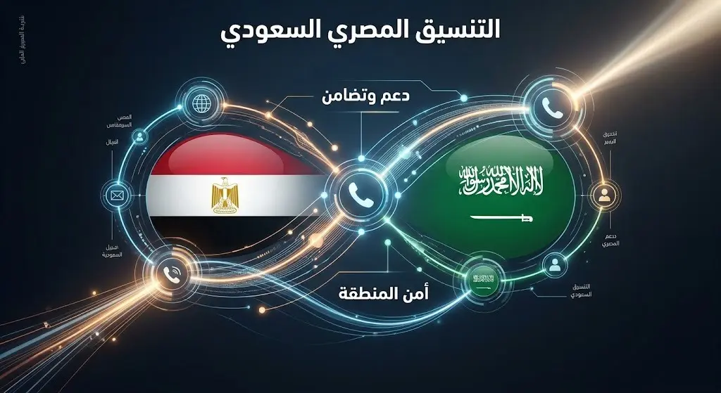 تصميم إنفوجرافيك إخباري يجسد التنسيق الدبلوماسي بين مصر والسعودية، مزين بأعلام البلدين وخطوط اتصال تعبر عن التضامن والأمن الإقليمي.