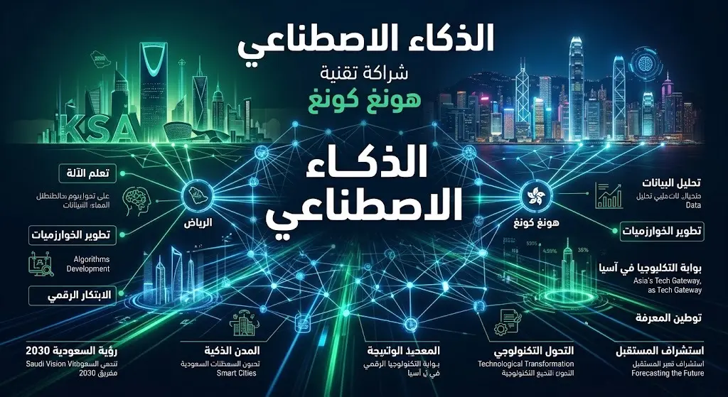 تصميم فني حديث يدمج بين شبكات الذكاء الاصطناعي والابتكار التقني، مع نصوص عربية واضحة تشير إلى الشراكة التقنية مع هونغ كونغ.